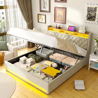 Produktbild von STILVORA Boxspringbett 180x200 cm mit Bettkasten, LED & USB, Polsterbett mit Stauraum, hydraulisch, Samt, stabiles Gestell, Beige (ohne Matratze)