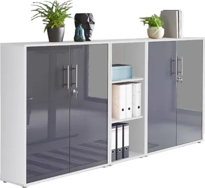 Produktbild von Aktenschrank TABOR 8 in weiß / anthrazit Hochglanz, Schrankwand, Büroschrank, abschließbar, Metallgriffe