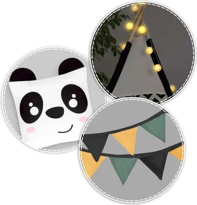 Produktbild von Nukido-Tipi-Zelt für Kinder mit Girlande und Lichterkette in Schwarz-Weiß mit Panda-Motiv
