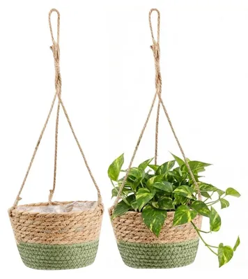Produktbild von Set aus 2 hängenden Seegras-Blumentöpfen, handgewebte Pflanzenkörbe mit Aufhängeseil, 20 cm Pflanzgefäß für Sukkulenten und Kräuter, für den Innen- und Außenbereich.