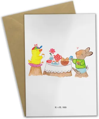 Produktbild von Mr. & Mrs. Panda Glückwunschkarte Ostern Frühstück - Weiß - Geschenk, hochzeitskarten, einladungskarten, Ostergrüße, glückwunschkarten, Frühling, Küken, weihnachtskarten