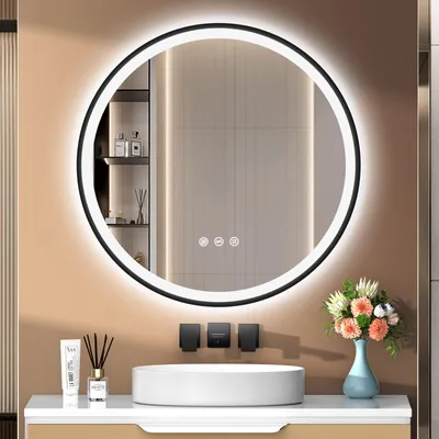 Produktbild von PESENXAN LED-Badspiegel, rund, 80 cm, 3 Lichtfarben, dimmbar, Touch-Schalter, beschlagfrei, Schwarz