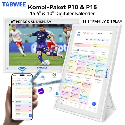 Produktbild von TABWEE P10 & P15 Kombi: Digitaler Kalender, 10,1" & 15,6" Displays, Fotoalbum & Belohnungssystem, WLAN, 1280x800, 16:10, Multi-Device-Sync und Sharing