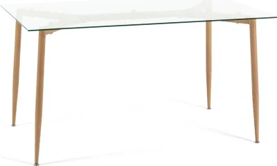 Image de Table rectangulaire 140×80 cm avec verre de sécurité transparent et pieds en métal imitation bois - design moderne, lumineux et élégant pour la cuisine, la salle à manger et le salon - PETER - Bois clair
