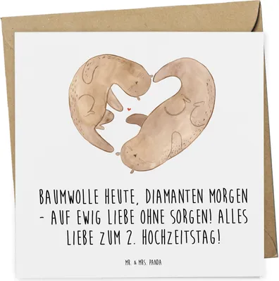 Produktbild von Mr. & Mrs. Panda Grußkarte 2. Hochzeitstag Baumwollhochzeit - Weiß - Geschenk, Klappkarte, Heiraten, faltkarte, Geschenke, Heirat, Glückwunschkarte, handgemacht, Liebe