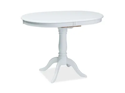 A white oval dining table with a pedestal base is shown against a white background.