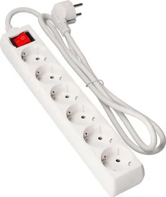 A white power strip with multiple outlets and a red on/off switch, connected to a white power cord and plug.
