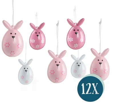 Produktbild von 12 Osterhasen Anhänger rosa pink weiß 5 cm - Osteranhänger für den Osterstrauch