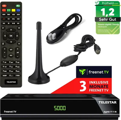 Produktbild von Telestar DVB-T2 Receiver + 3 Monate Freenet GRATIS + DVB-T Antenne + HDMI Kabel, HDTV, PVR Ready, HD USB Mediaplayer, HDMI (Hybrid Receiver für DVB-T2 und Kabel TV)