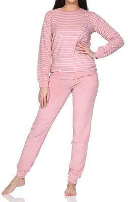 Produktbild von Normann Damen Frottee Pyjama mit Bündchen Streifenoptik – auch in Übergröße ; altrose , 56