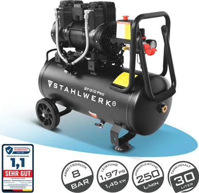 Produktbild von STAHLWERK Kompressor mit 30 L Tank (ST-310 Pro) – ölfrei & leise, 8 bar, Silent-Druckluftkompressor mit Brushless-Motoren, 1,97 PS, 1,45 kW, 250 l/min