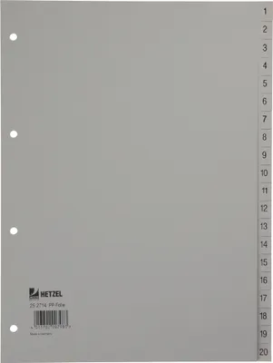 Image de HETZEL Répertoire en plastique, chiffres, A4, 1-20, PP, gris