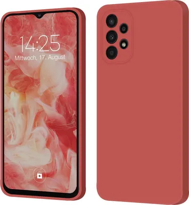 A product shot of a red phone case next to a smartphone displaying the time and date.