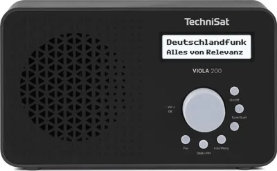 A black TechniSat VIOLA 200 DAB+ radio is shown against a black background.