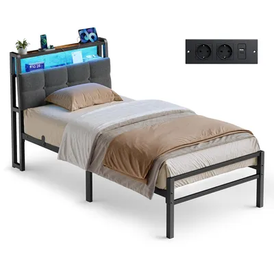 Produktbild von VASAGLE Bettgestell 90 x 200 cm mit Stauraum, Metallrahmen, Bett mit LED-Beleuchtung und Kopfteil, schwarz-braun
