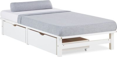 Homestyle4u 2287, dřevěná postel z palet postel 90x200 bílá futonová postel nábytek z palet postel z masivu postel s roštovým rámem 2 zásuvky na postele