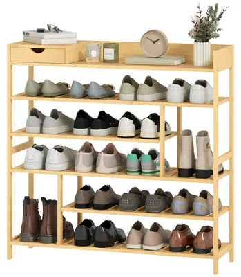 Immagine prodotto di Scaffale per scarpe a 6 ripiani con cassetto in bambù | Colore: Marrone | Dimensioni: 101x30x100 cm