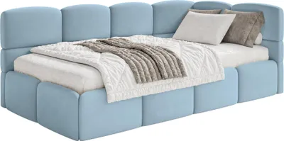 Produktbild von Selsey Cloudy – Jugendbett 90x200 mit Matratze, Kopfteil rechts, Samt Hellblau