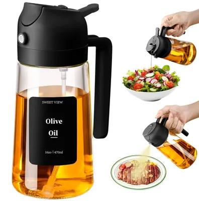 Image de Pulvérisateur 2 en 1 - Flacon en verre de 470 ml pour huile, avec fonction pulvérisatrice - Idéal pour les salades, les grillades et les friteuses à air chaud - Noir