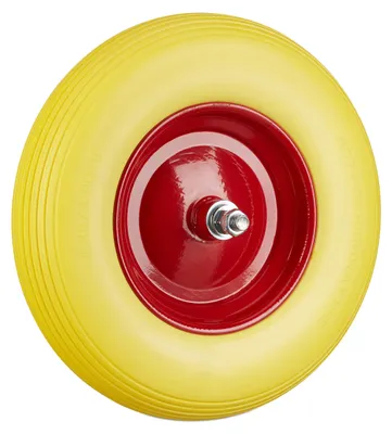 Produktbild von Relaxdays Schubkarrenrad Vollgummi mit Achse, 4.80 4.00-8 Gummirad, pannensicher, 100 kg Tragkraft Ersatzrad, gelb-rot