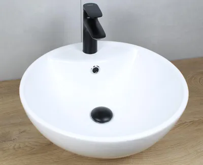 Produktbild von Keramik Waschbecken rund Ø455x185 weiß mit Überlauf Aufsatzwaschbecken mit Pop-Up Ablauf schwarz-matt