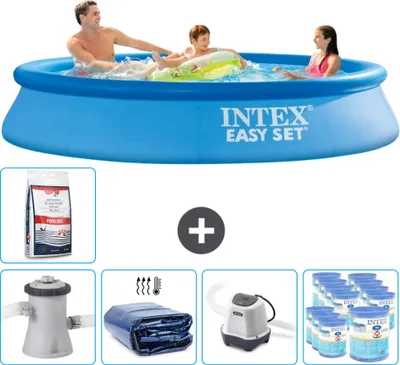 Produktbild von Intex runder aufblasbarer Easy Set-Schwimmpool – 305 x 61 cm – Blau – inklusive Pumpe Sonnensegel - Salzwassersystem - Filter - Poolsalz