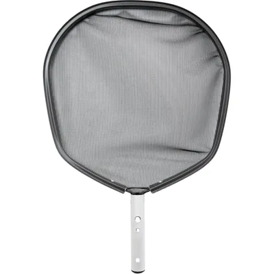 A pool skimmer net with a black mesh and a white handle.