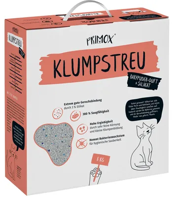 Produktbild von Katzenstreu PRIMOX Babypuderduft Silikat klumpend, mit Duft 8 kg