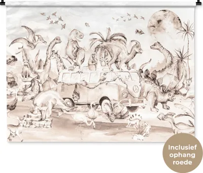 Produktbild von MuchoWow® Wandteppich Wandbehang Dinosaurier - Bus - Kinder - Tiere - Bäume 150x112 cm Tapisserie Dekoration Wandtuch - Wanddecke - Wandteppiche