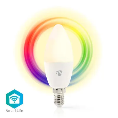 A smart LED light bulb with a rainbow halo effect behind it, and a SmartLife logo in the bottom left corner.