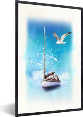 Produktbild von MuchoWow® MuchoWow® Gerahmtes Poster Boot - Meer - Möwe 40x60 cm - Poster mit zchwarzem Bilderrahmen - Papierdruck - Wandbilder