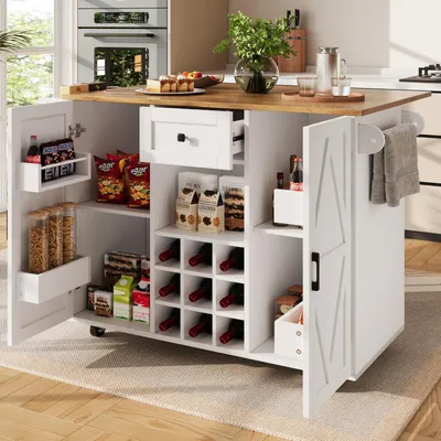 Zdjęcie produktu dla Wyspa kuchenna z rozkładanym blatem i miejscem do przechowywania, imitacja drewna, wymiary: 137,5 x 40 x 95,6 cm