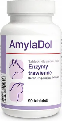 A white bottle of pet supplements with a purple label.
