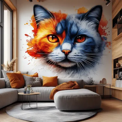 Productafbeelding van Decords Wandsticker – Tweekleurige kattenkop in aquarelstijl, 60 cm