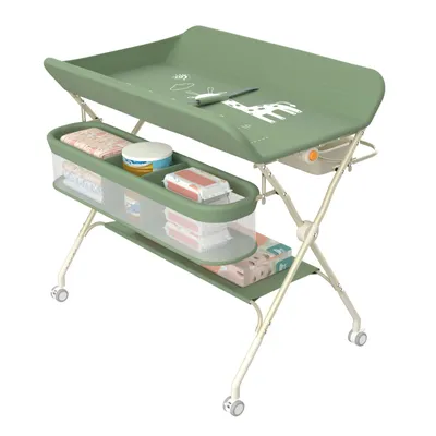 Image de Table à langer réglable en hauteur sur roulettes à 5 niveaux, sidebags - pliable, gain de place en vert.