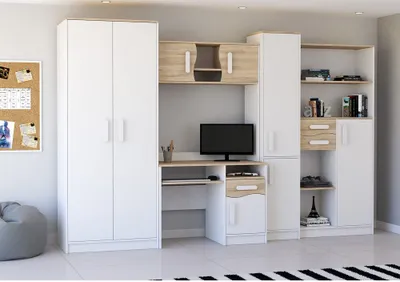 A modern bedroom or study furniture set, including a wardrobe, desk with computer, and shelving unit.