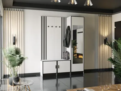 Produktbild von KIER FURNITURE Garderobe mit Sitzfläche Dior20 - Elegante Leisten - 159,6x205x39 cm Weiß