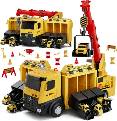Productafbeelding van Constructie Speelgoed Set, transporter, 6 graafmachines, kraan, licht en geluid, voor kinderen