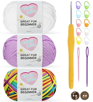 Image de Kit de fil à broder pour débutants, comprenant 3 pelotes de 50g de coton, avec une aiguille à crochet de 3,5 mm