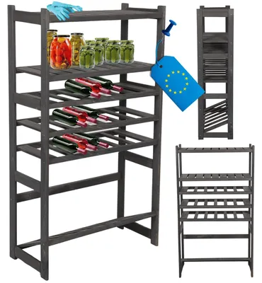 Produktbild von MODO24 Kombiregal Holz, 2 Fachböden, 3 Flaschenablagen, 1 Kistenboden, Vorratsregal, Standregal, Keller, Massivholz Kiefer, 124,2x70x33 cm, Grau, LSR