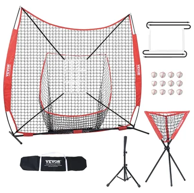 Produktbild von VEVOR 7x7 ft Baseball-Softball Übungsnetz, Tragbares Baseball-Trainingsnetz zum Schlagen, Fangen, Werfen, Rückschlag Baseball-Ausrüstung mit Bogenrahmen, Tragetasche, Schlagzone, Ball, Tee, Ballsammler, Schlagtee + Ballsammler + 12 weiße Baseballs