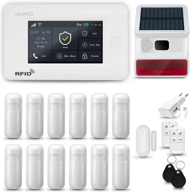 Immagine prodotto di HUXGO HXA006, sistema di allarme per la casa, Wi-Fi + GSM 4G, con sirena wireless. Sistema di allarme con 12 sensori di movimento e 1 sensore per porte e finestre, compatibile con l'app Tuya Smartlife