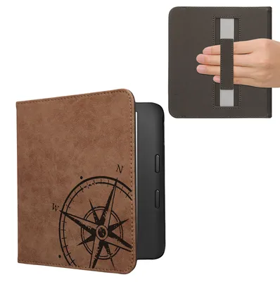 Produktbild von kwmobile Klapphülle kompatibel mit Kobo Libra 2 - Kunstleder Hülle für eReader - mit Handschlaufe - Kompass Vintage Braun