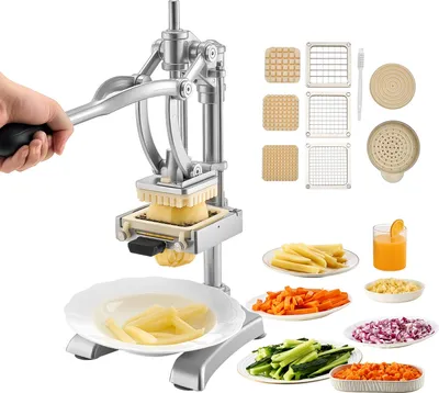Produktbild von VEVOR kommerzieller Pommes-Frites-Schneider, Gemüseschneider Obstschneider Edelstahl mit 3 Ersatzklingen (12,7/9,525/6,35 mm) und einer Entsafterklinge, manueller Kartoffelschneider Pommesschneider