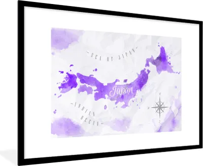 Produktbild von MuchoWow® MuchoWow® Gerahmtes Poster Weltkarten - Japan - Violett 90x60 cm - Poster mit zchwarzem Bilderrahmen - Wanddekoration - Fotos
