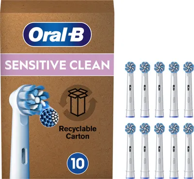 A product package for Oral-B Sensitive Clean toothbrush heads, showing the packaging and a sample toothbrush head.