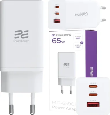 Produktbild von Netzladegerät GaN 65W USB-A + 2x USB-C QC PPS PD Encore Energy MD-6590R