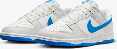 A pair of white and blue Nike Dunk Low Retro sneakers.