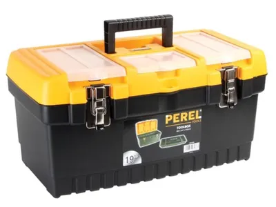 A black and yellow toolbox with transparent compartments on the lid, shown from a diagonal angle against a white background.