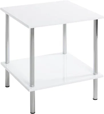 Obrázek produktu pro Uniqoos® Moderní přistavovací stolek s chromovaným rámem, povrchy z MDF s vysokým leskem v bílé barvě, kovová konstrukce, kompaktní rozměry 39 × 45 × 39 cm, nosnost 8 kg